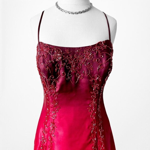 Vintage Y2K Burgundy Red Fit Flared Beaded Ombre Maxi Formal Prom Dress Size M - Picture 4 of 7